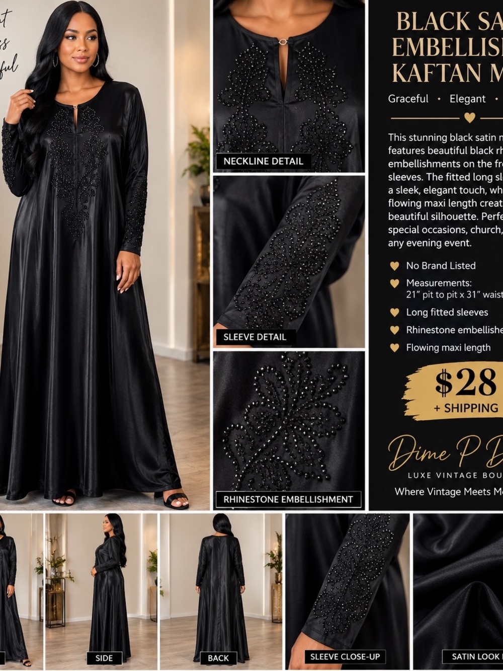 No Brand Listed Black Satin Embellished Kaftan Maxi Dress